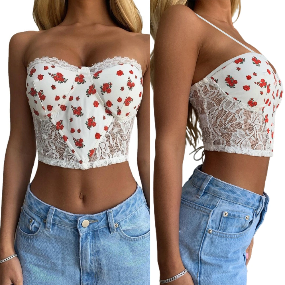 Women’s Fashion Floral Lace Stitching V-neck Exposed Navel Camisole