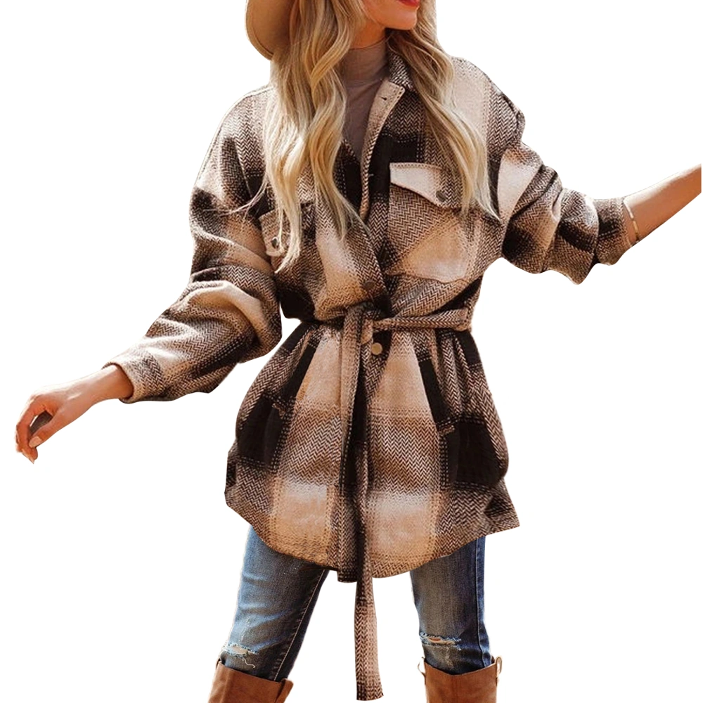 Women Long Jacket, Plaid Long Sleeve Turn-down Collar Casual Outwear