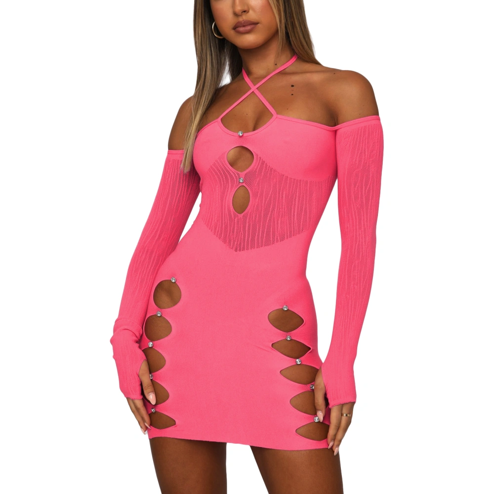 Women Midi Long Sleeve Hanging Neck Street Party Cutout Dress