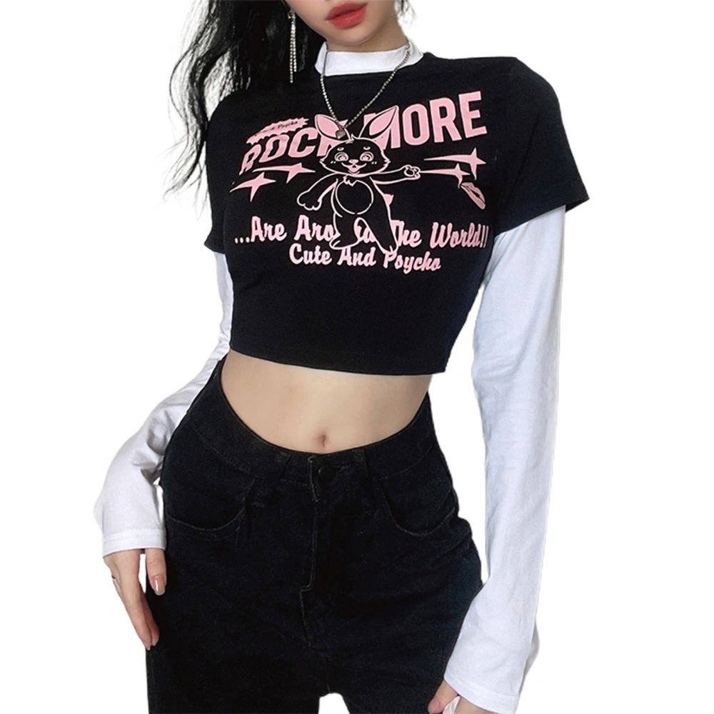 Women Fake 2-piece Crop Top, Long Sleeve Cartoon Rabbit Casual T-shirt