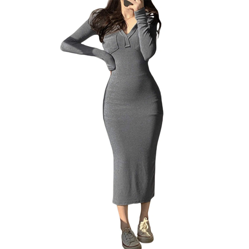 Ladies Casual Dress Stitching Long-sleeved V-neck Hooded Tight Dress