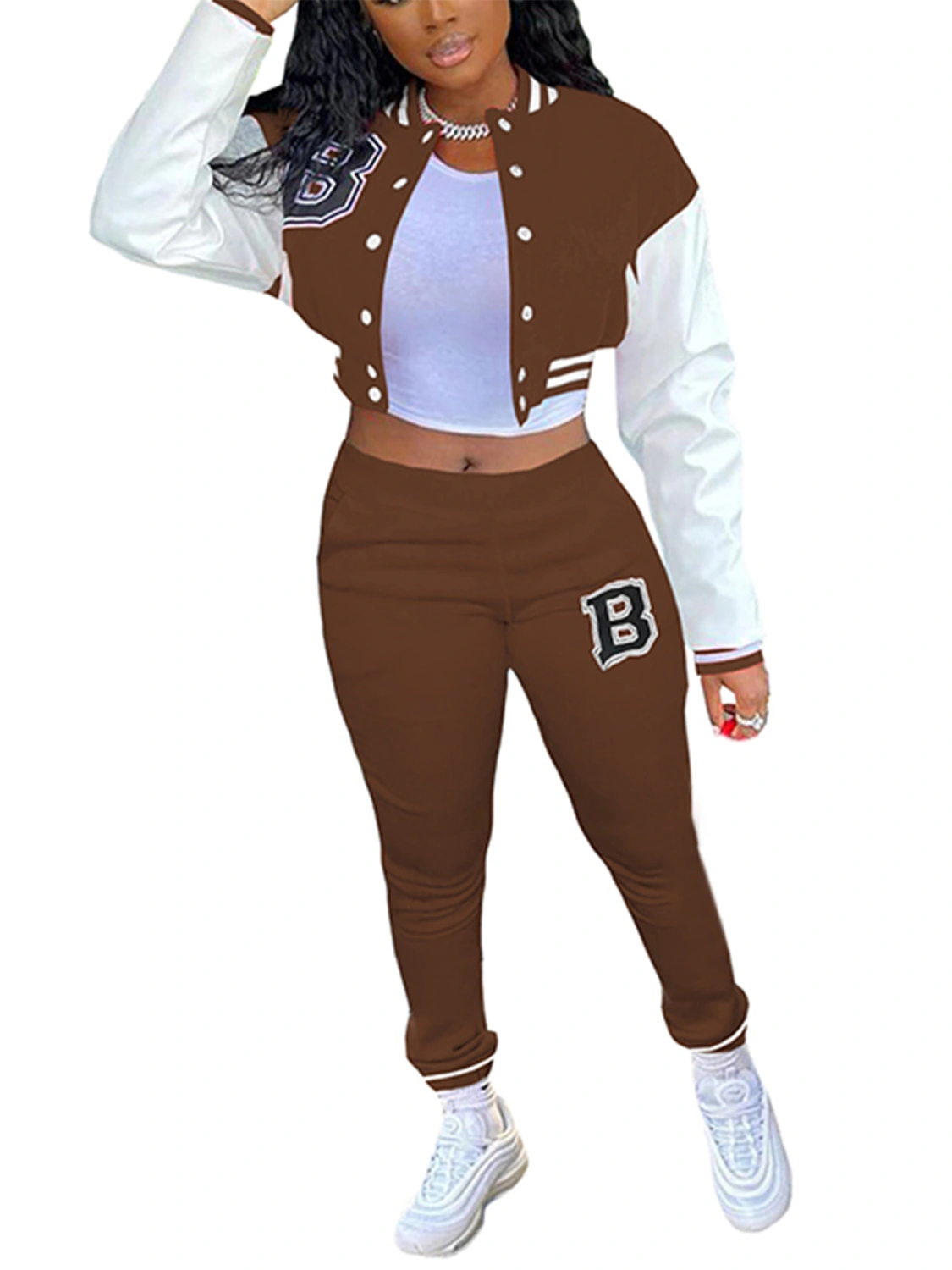 2Pcs Women Tracksuit, Embroidery Snaps Short Jacket + Casual Pants