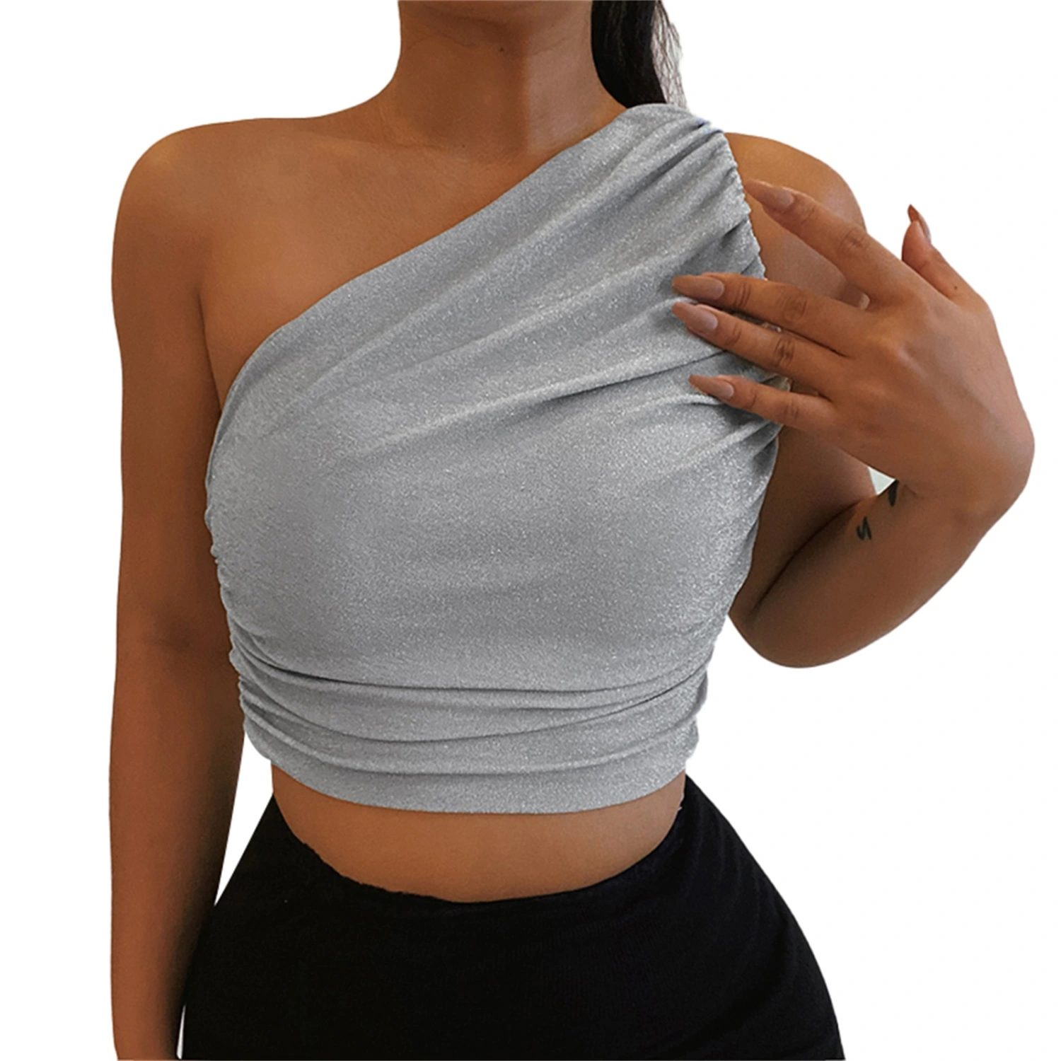 Ladies Vest Tops One-shoulder Pleated Flashing Silk Short Tops 