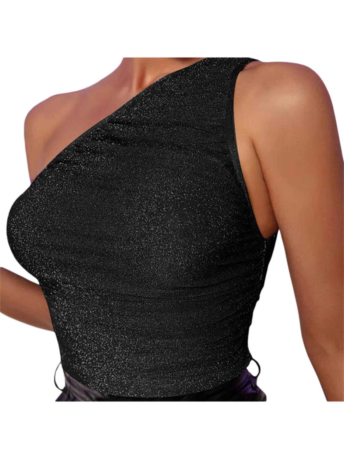 Ladies Vest Tops One-shoulder Pleated Flashing Silk Short Tops 