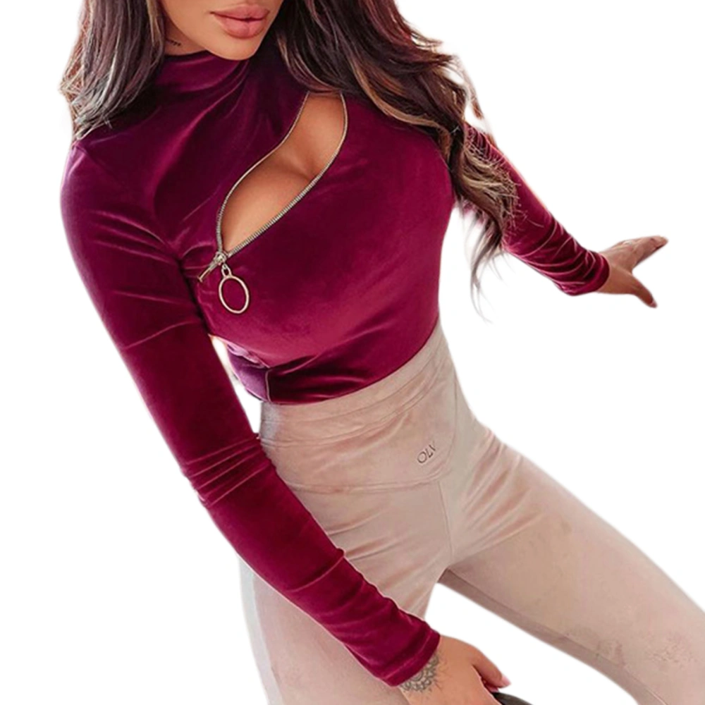 Women's Tops, Half High Neck Solid Color Front Zipper Shirt Blouse 