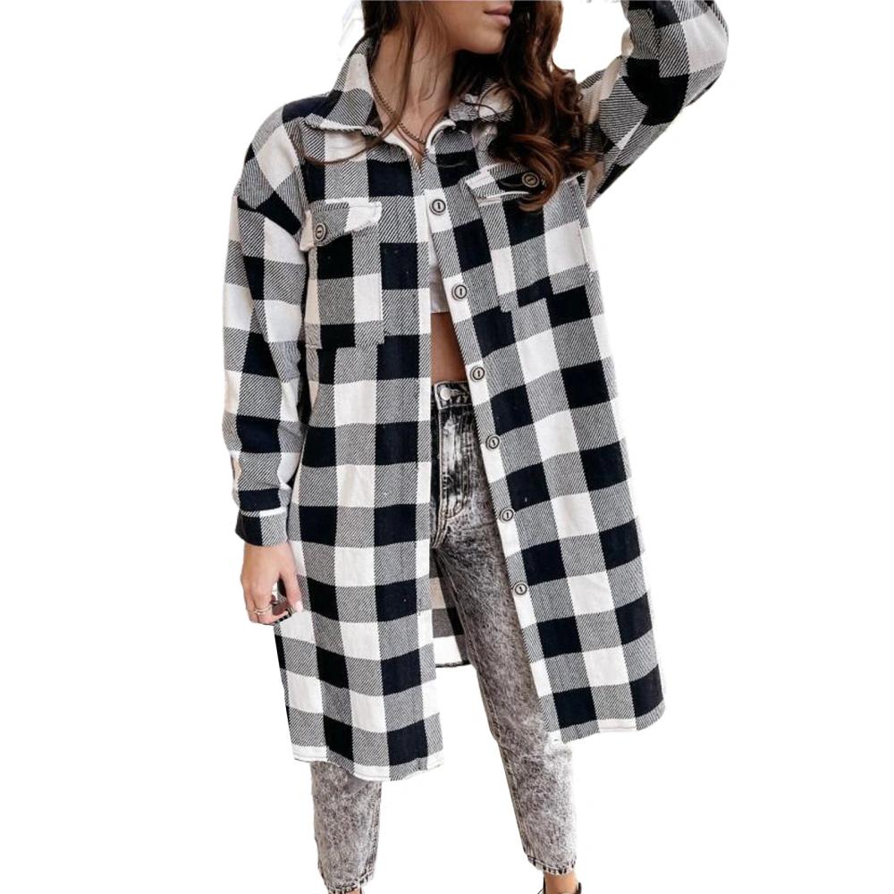 Women's Fashion Mid-Length Plaid Shirt-Style Coat Outerwear 