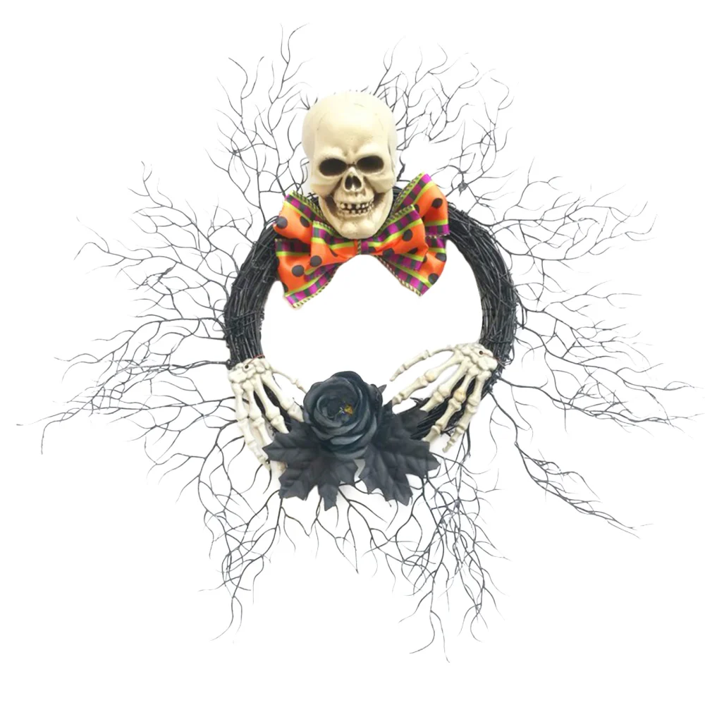 Halloween Bow Skulls Wreath Hanging Front Door Garland for Wall 