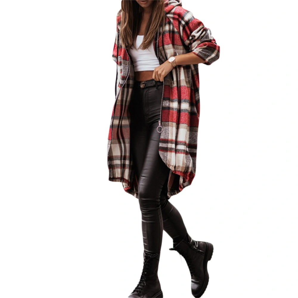 Women Plaid Coat Long Sleeve Pockets Patch Color Hooded Cardigan