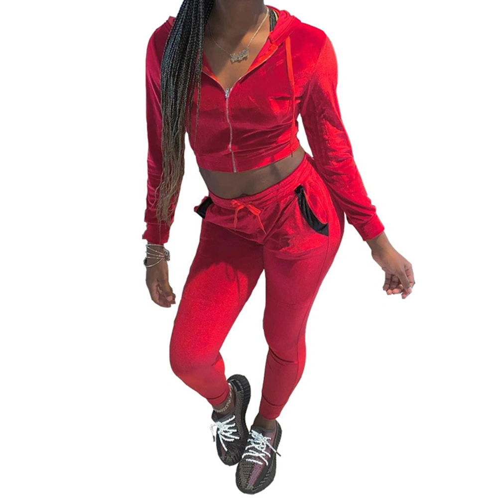 Women Sports Clothes Set, Red Crop Tops and Drawstring Sweatpants