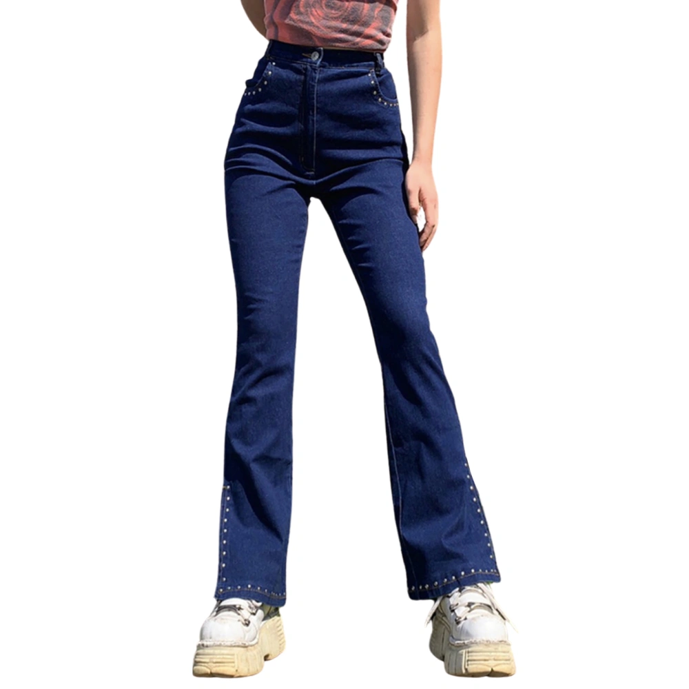 Women Flared Jeans Split Beaded Decoration Casual High Waist 