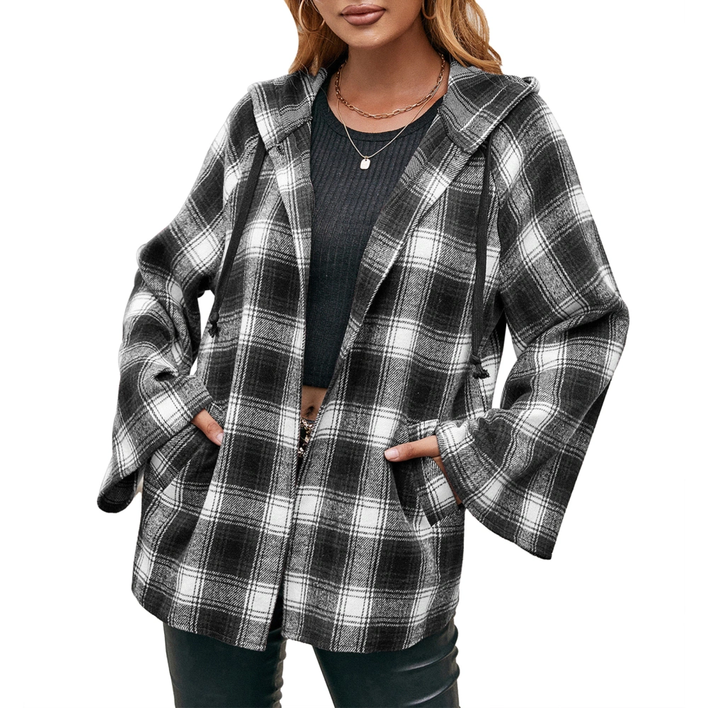 Women Plaid Coat Long Sleeve Pockets Patch Color Hooded Cardigan