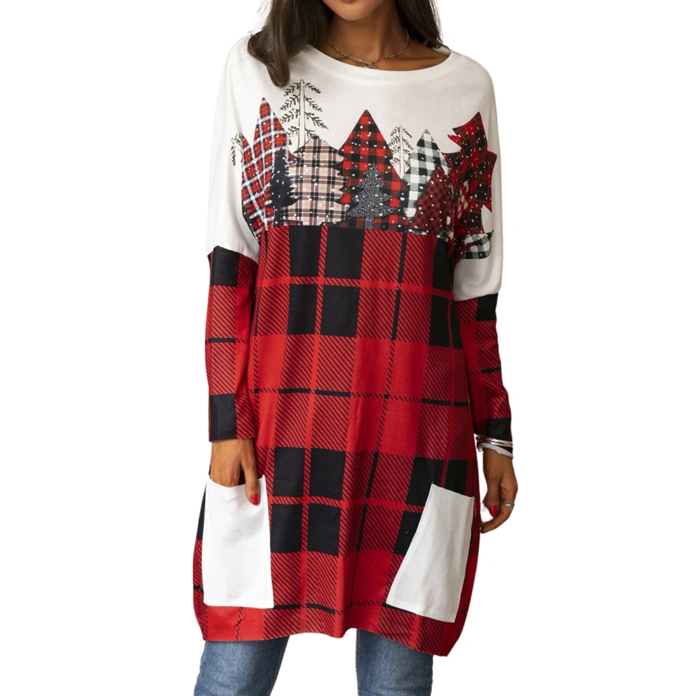 Women Long T-shirt Christmas Plaid Print Round Neck Pullover Tops 