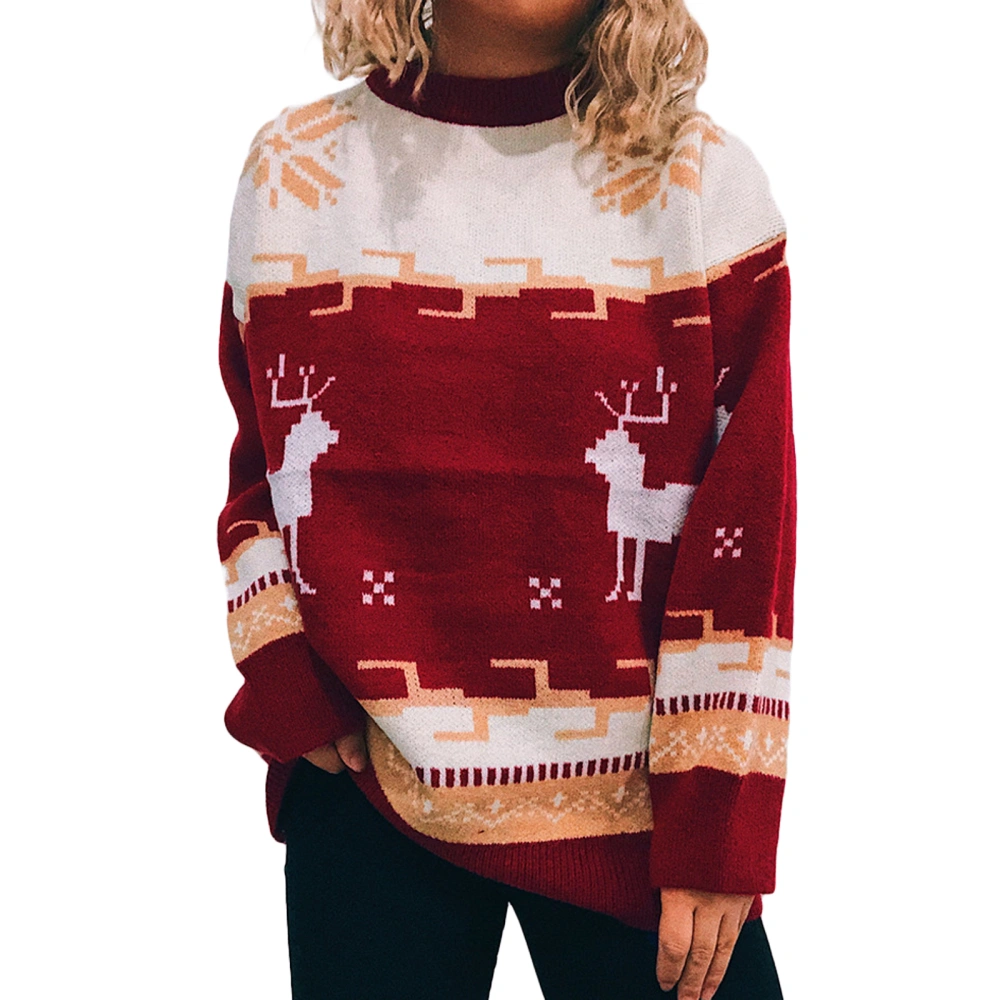 Women's Sweater, Elk Pattern Long Sleeve Round Neck Knitted Pullover