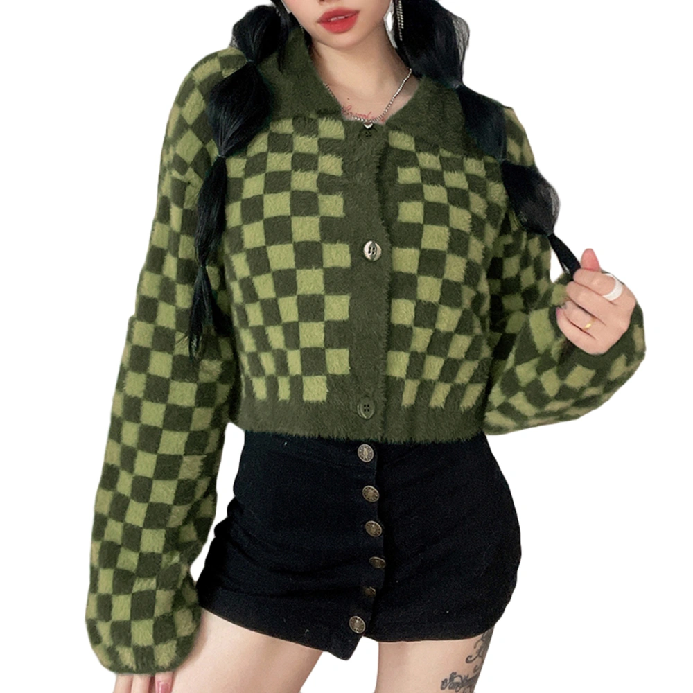 Women's Coat, Color Block Plaid Pattern Lapel Button Plush Jacket