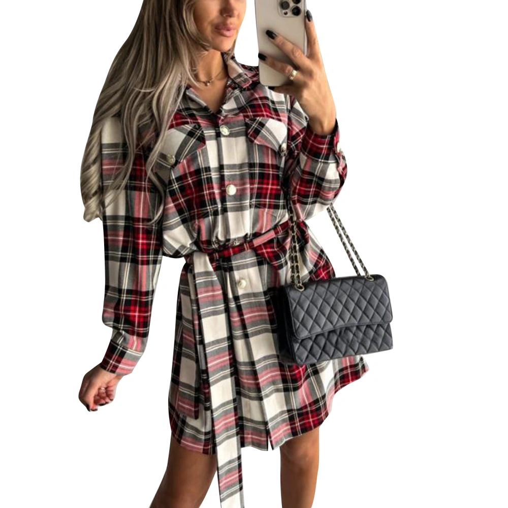 Ladies Mid-length Shirt, Plaid Long Sleeve Single-breasted Blouse