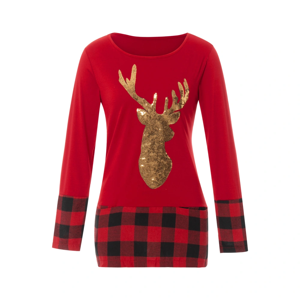 Women Christmas Tops Sequins Deer Plaid Patchwork Mid-Length Shirts