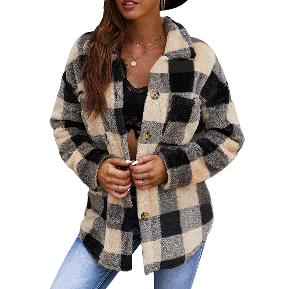 Women Plaid Jacket with Lapel, Pocket Decoration Single-Breasted 