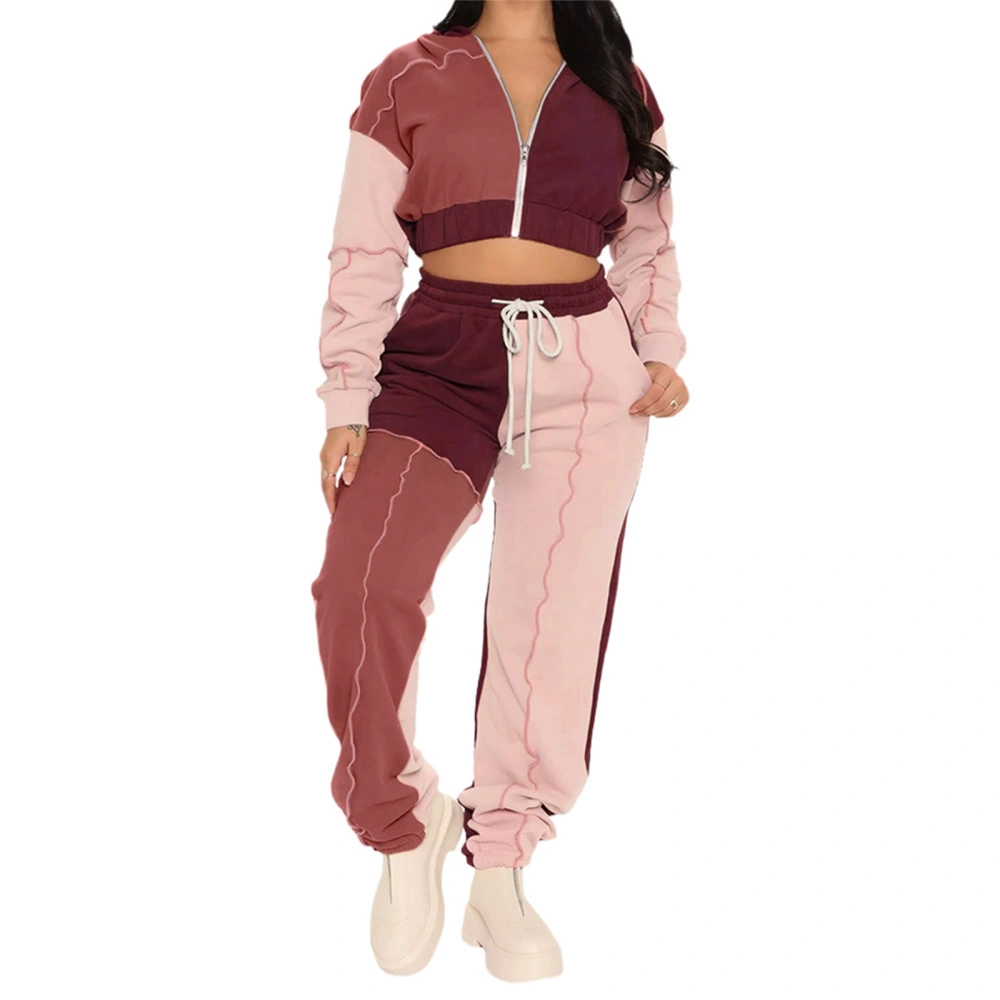 Women Two-Piece Suit Color Block Zipper Hooded Tops + Drawstring Pants