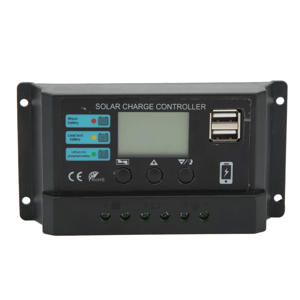 LCD Display Solar Panel Controller Photovoltaic Charging Controller 12V 24V Self Adaption Black 30A