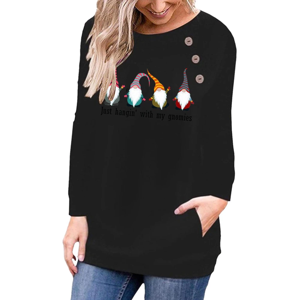 Female T-Shirt, Letter Dwarf Print Round Neck Long Sleeve Pullover