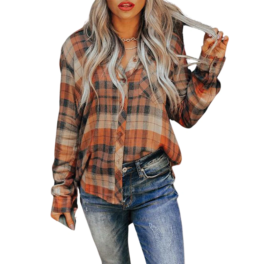 Women’s Vintage Plaid Lapel Single-breasted Long Sleeve Shirt