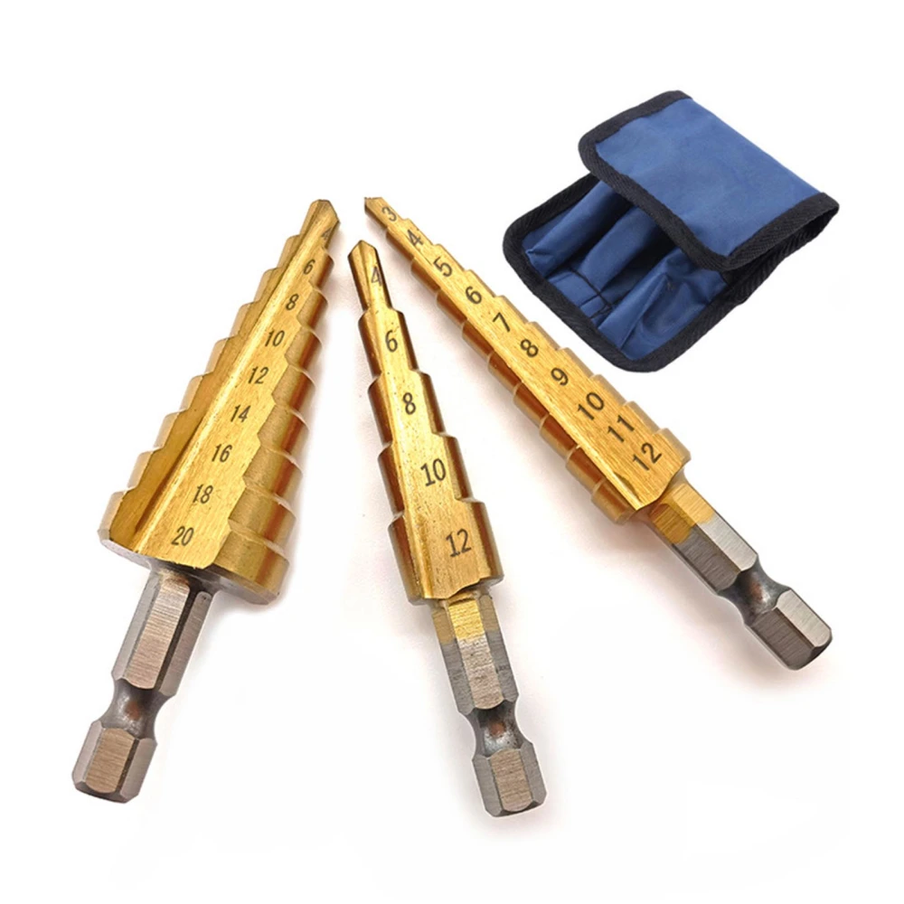 3PCS Step Drill Bit Set Ball Bearing Steel Ti Plating Woodworking Pagoda Drill Bit Kit for Plastic Wood