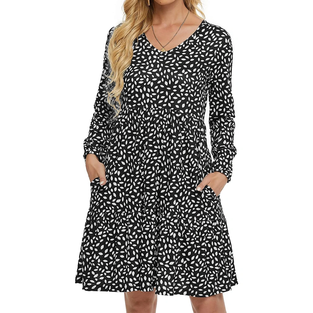 Women Long Sleeve Dress, Solid Color/Floral/Leopard Print V Neck Dress