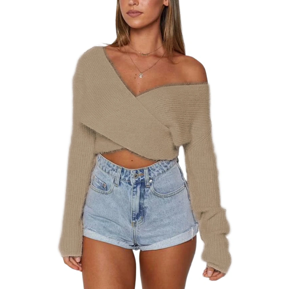 Women's Autumn Solid Color Long Sleeve Deep V Neck Cross Knit Tops