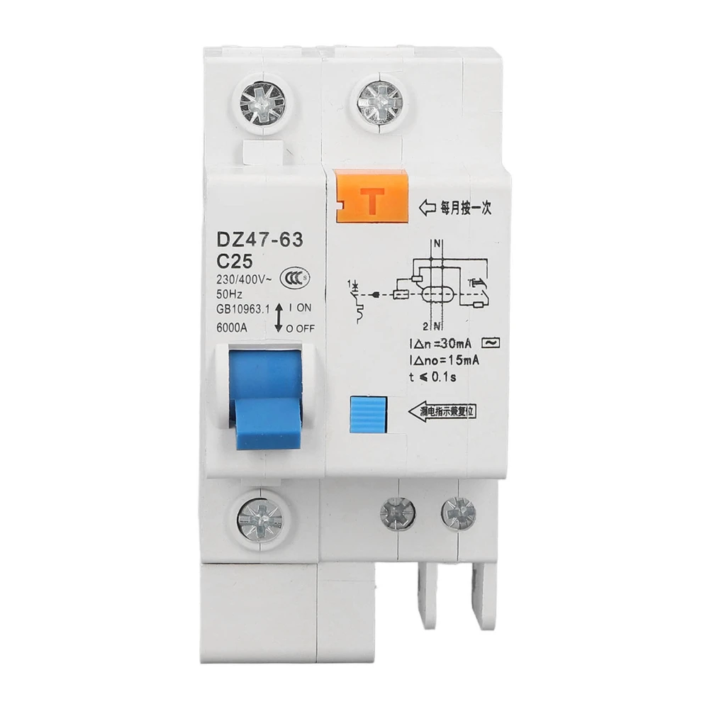 1P+N 25A AC Circuit Breaker Ground Fault Leakage Protection Switch 400V DZ47LE‑63 C25