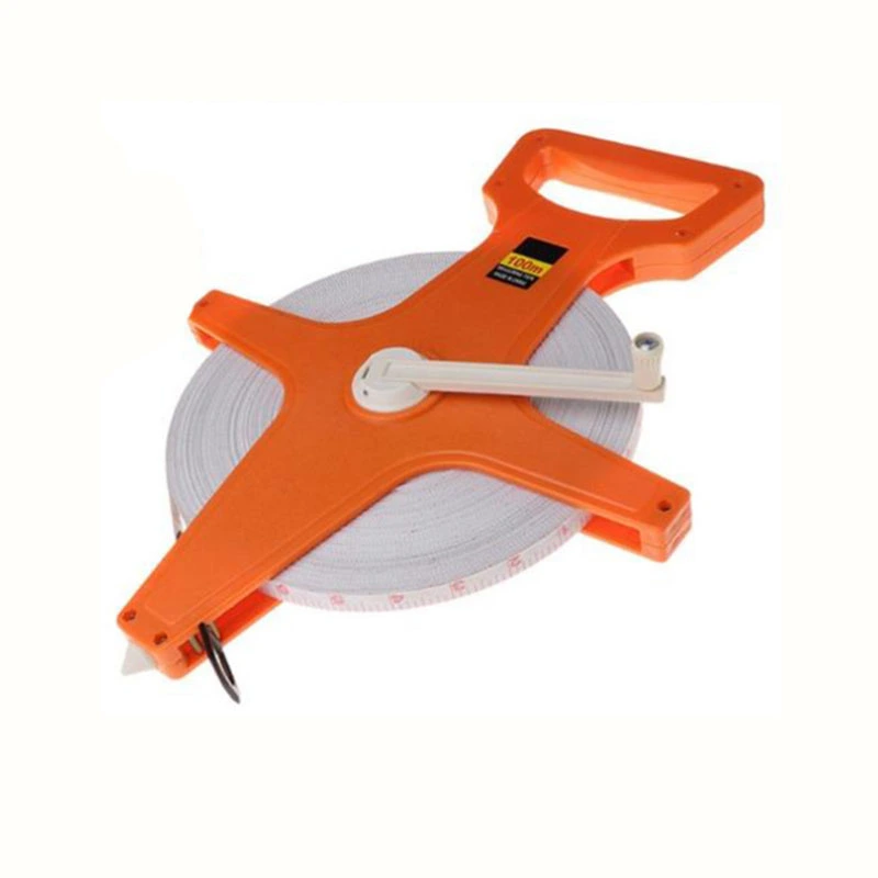 Hand Crank Tape Measure with Spike Portable Plastic Frame Fiber Measuring Reel 12.5mm Width 100 Meters