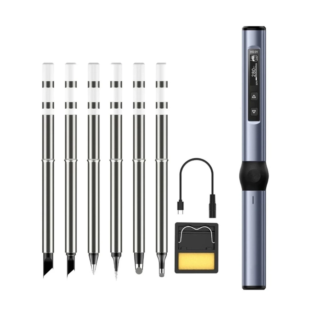 Electric Soldering Iron Kit Digital Display Temperature Adjustable Fast Heating Mini Soldering Iron DC9‑24V Grey Blue