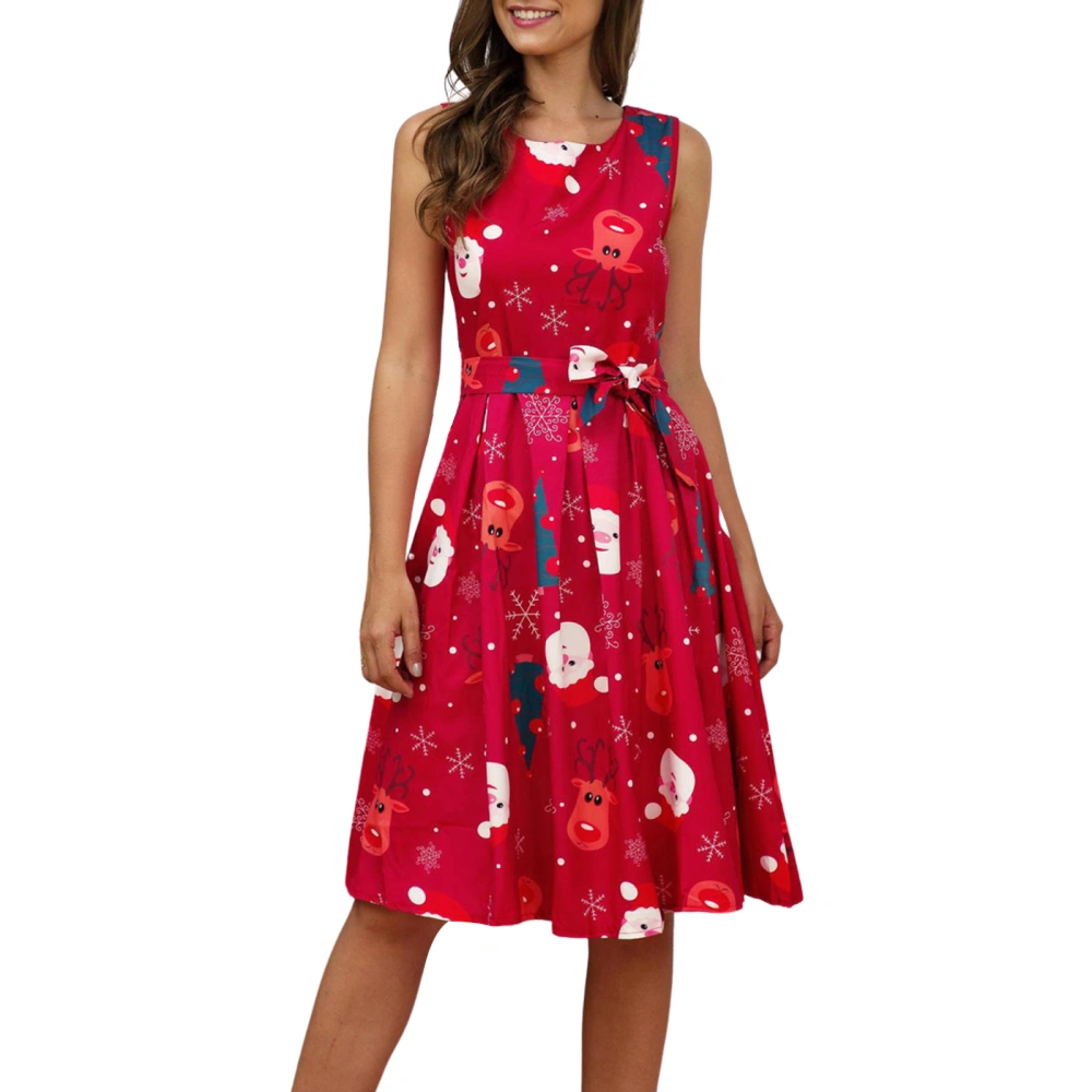 Women's Dress, Sleeveless Christmas Print High Waist A Line Dress