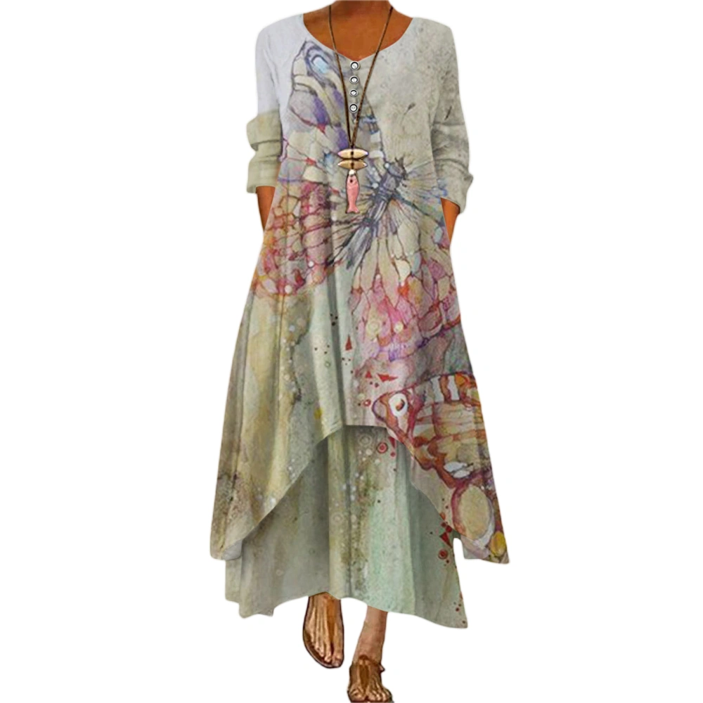 Women Long Sleeve Boho Dress V-Neck Floral Print Autumn Long Dress