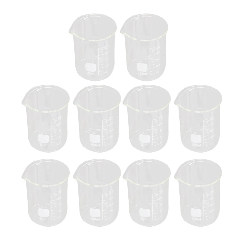 10Pcs Scientific Beaker Glass 250ml Large Capacity Clear Scale Tool Set Kit for Experiment