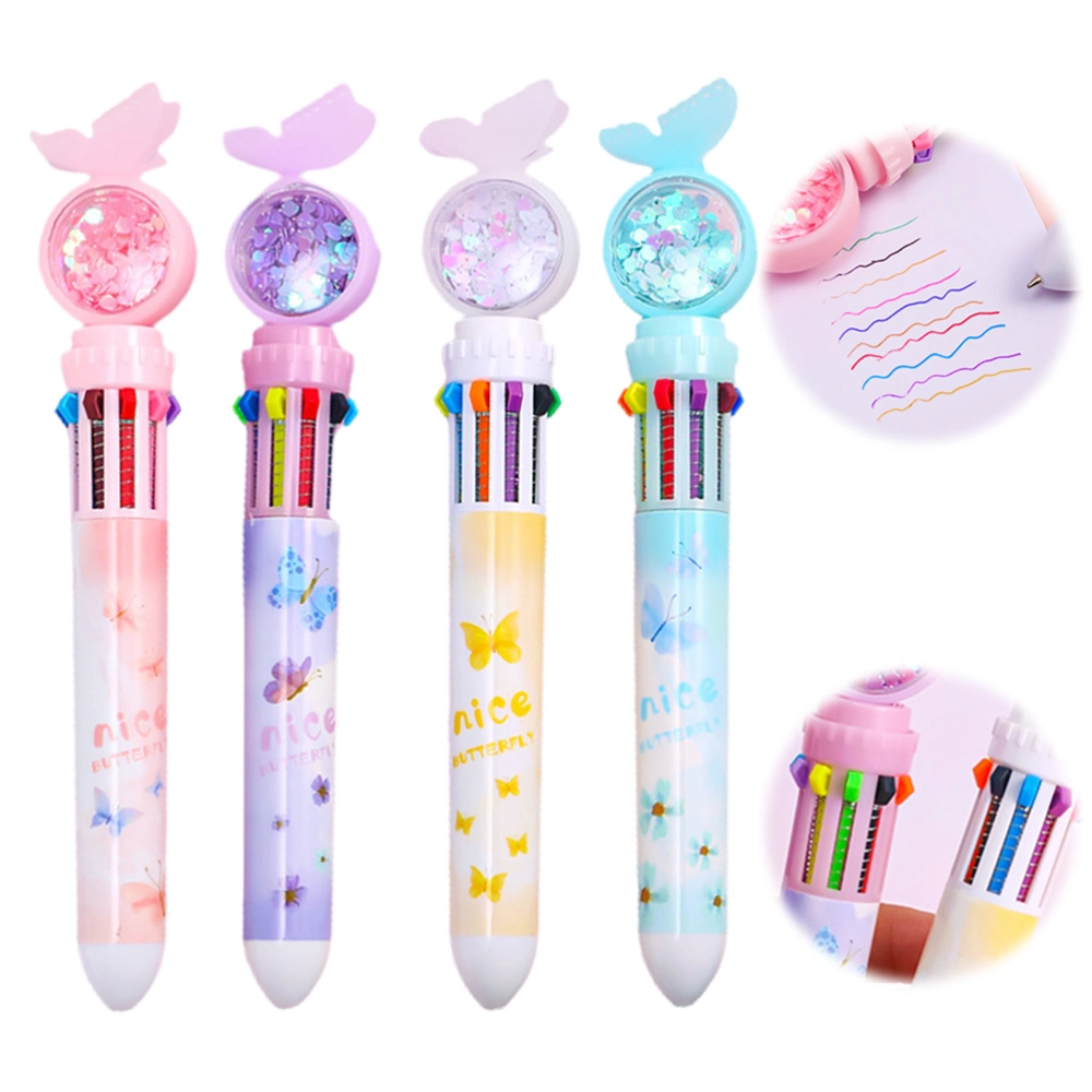 4Pcs Cartoon Butterfly 10in1 Retractable Ballpoint Pens 10 Colors Ballpoint Pen for Office School Supplies Students Children Gift