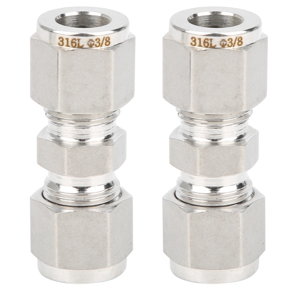 2Pcs 316 Stainless Steel Compression Fitting Straight DoubleFerrule Tube Adapter for Pipe(Ф3/8 )