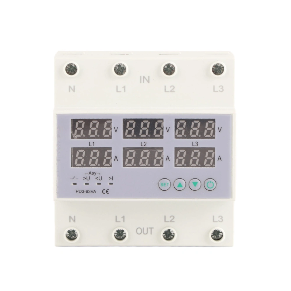 3 Phase DIN Rail Voltmeter Ammeter Automatic Overvoltage Overcurrent Protector AC 390‑500V 63A