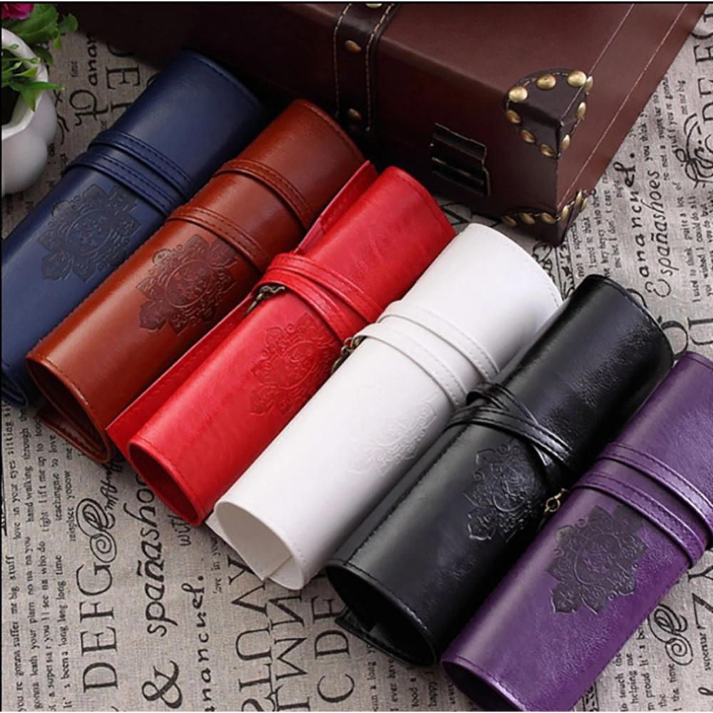 Retro Bandage Synthetic Leather Pen Bag Pencil Case Makeup Pouch Vintage Style Rollup Pencil Case Pencil Bag