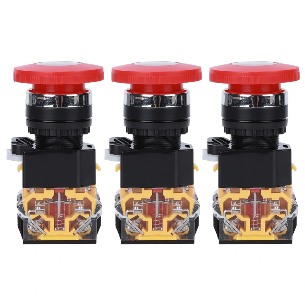 3PCs Emergency Stop Push Button On Off Industrial Accessory Engineering Plastic 440V 10A 22mm