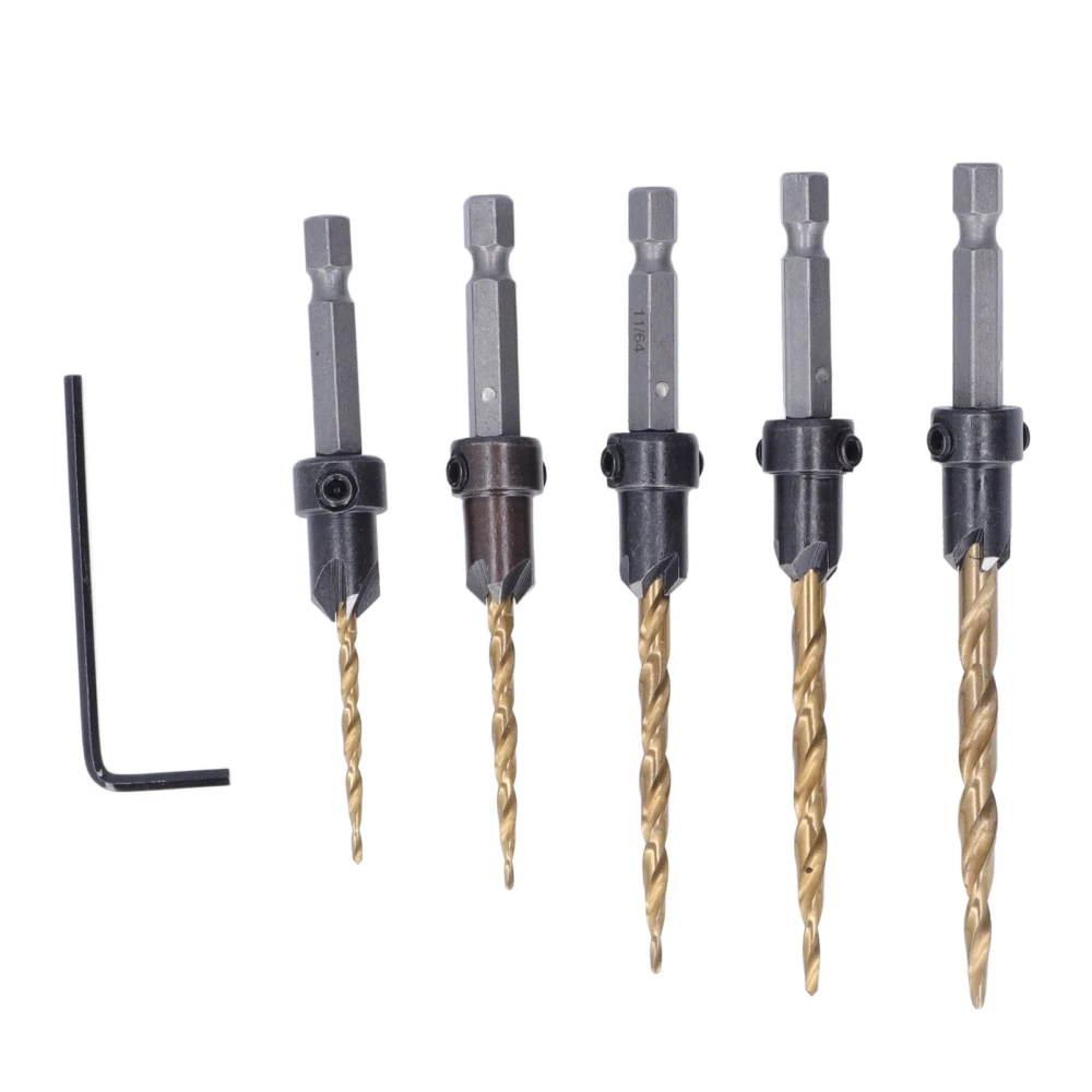 5Pcs/Set Countersink Drill Bit Set Hex Shank Imperial Titanium Plated Tapered Drills Bits