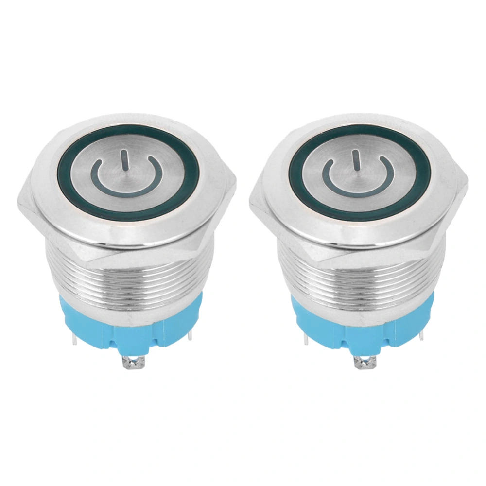 2Pcs 22mm Metal Push Button Switch Flat Head Momentary 4 Pin with Power Light Sign IP65 12-24VDCGreen