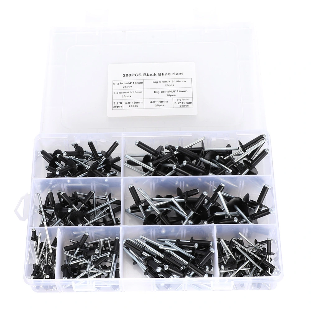 200pcs Black Blind Rivet Kit Aluminum Blind Rivet Fasteners Assortment 3.2/4.0/4.8mm