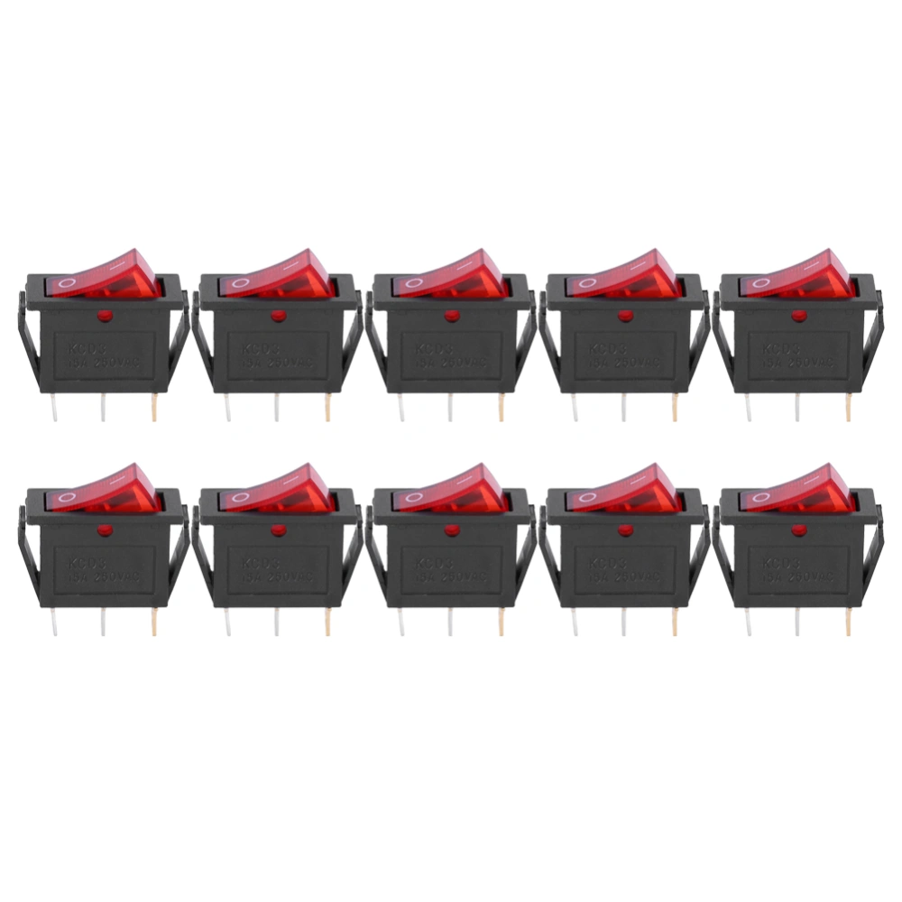 10PCs 3&#8209;Pin Switch Rocker On Off Red Light 2&#8209;Position KCD3 Household Appliances Accessories