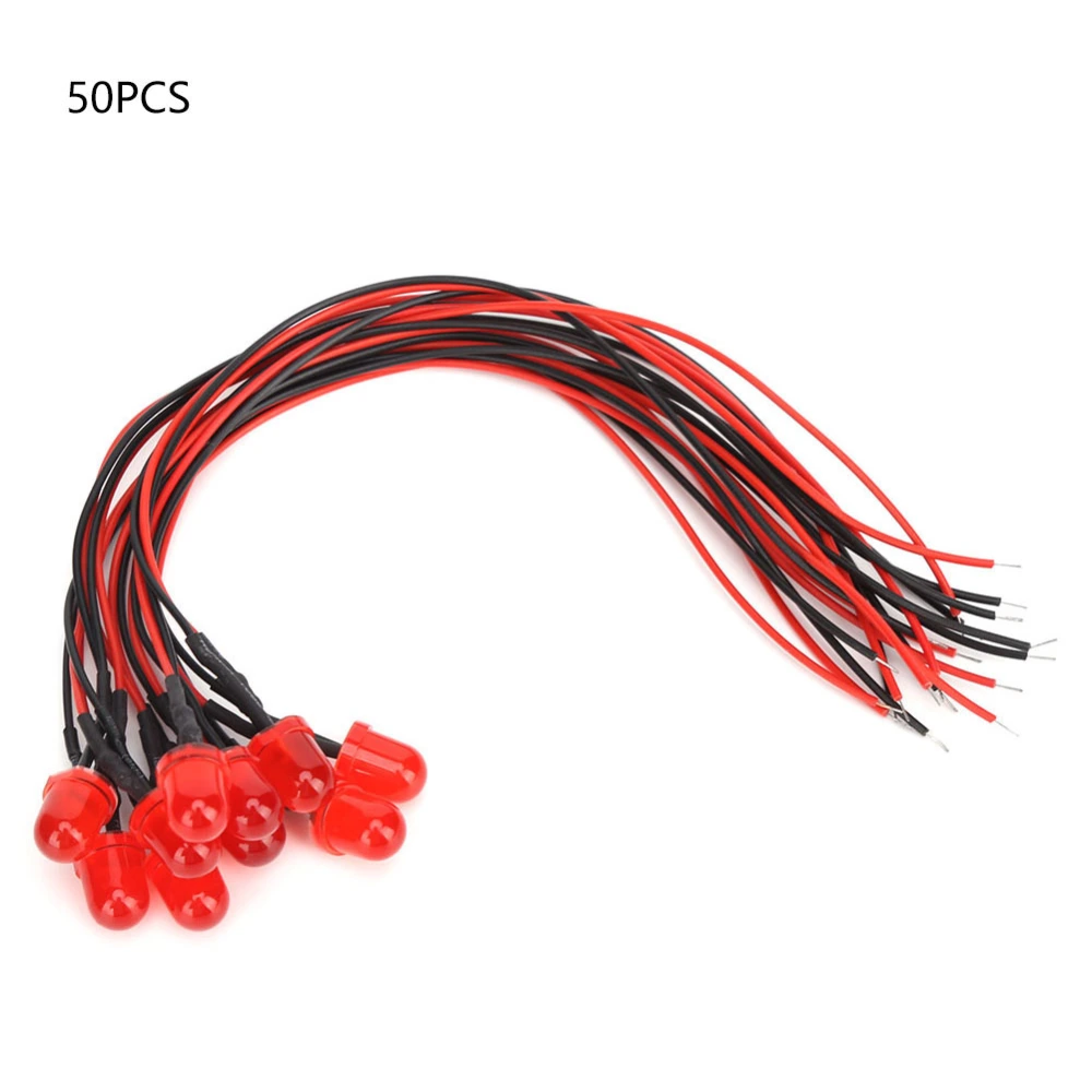 50PCS 12V 8mm Bright Chromatic LED Lamp Beads with 20CM 26AWG Lead for Electrical ConductivityRed &amp; Red