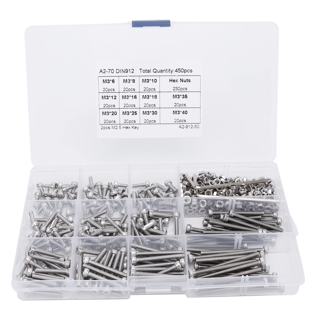 450pcs M3 Stainless Steel Cup Head Hex Socket Screw with M2.5 Hex Wrench Assortment Kit