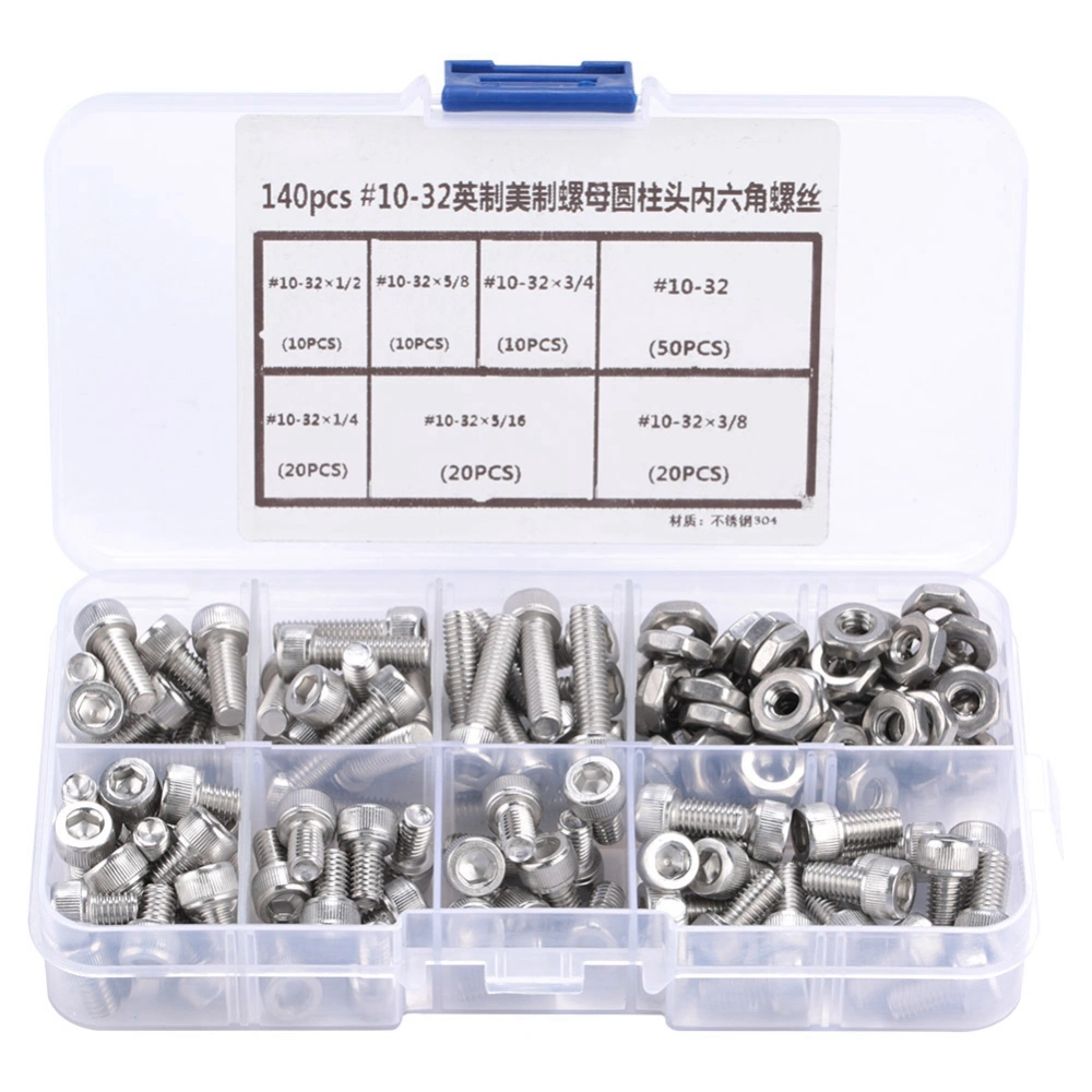 140pcs #10-32 Stainless Steel Hex Socket Cap Head Bolts Hex Screw Assortment Kit