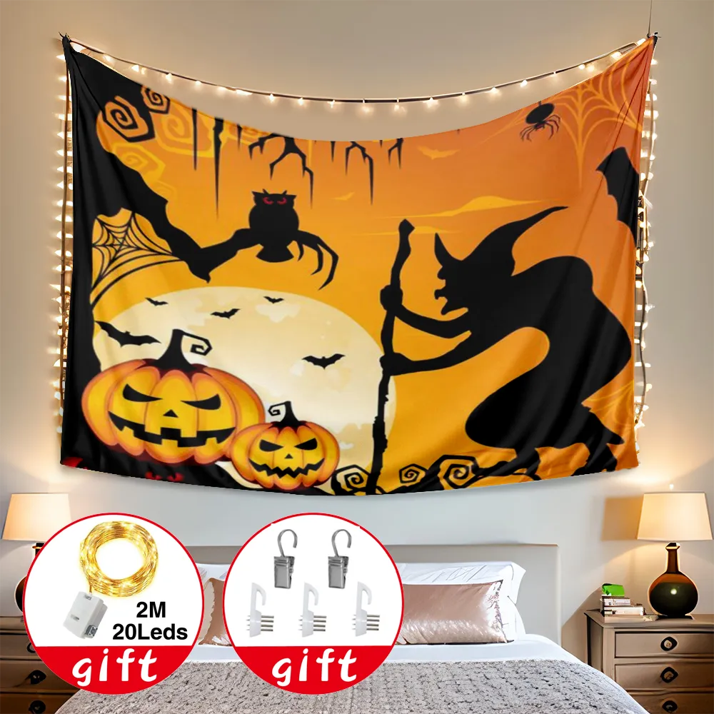 Halloween Decorative Tapestry, Broomstick Tapestry, for Bedroom Orange Night Sky Haunted,#356