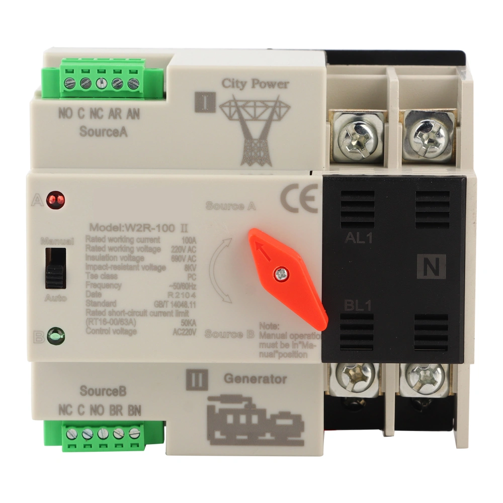 W2R-100 Dual Power Automatic Transfer Switch 2P 100A 50Hz Power Transfer Switch