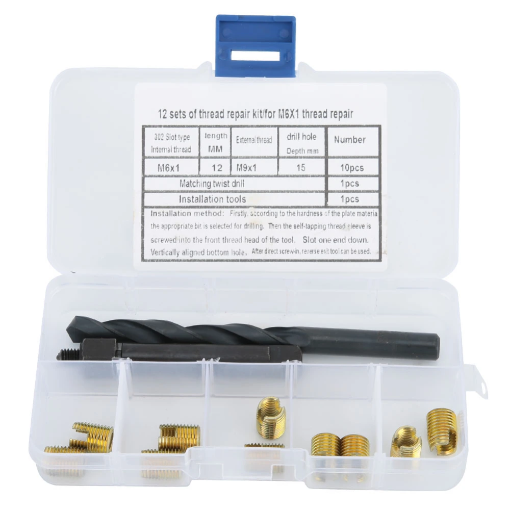 12pcs M6x1 Thread Repair Kit Self Tapping Thread Insert Twist Drill Bit Installation Tool