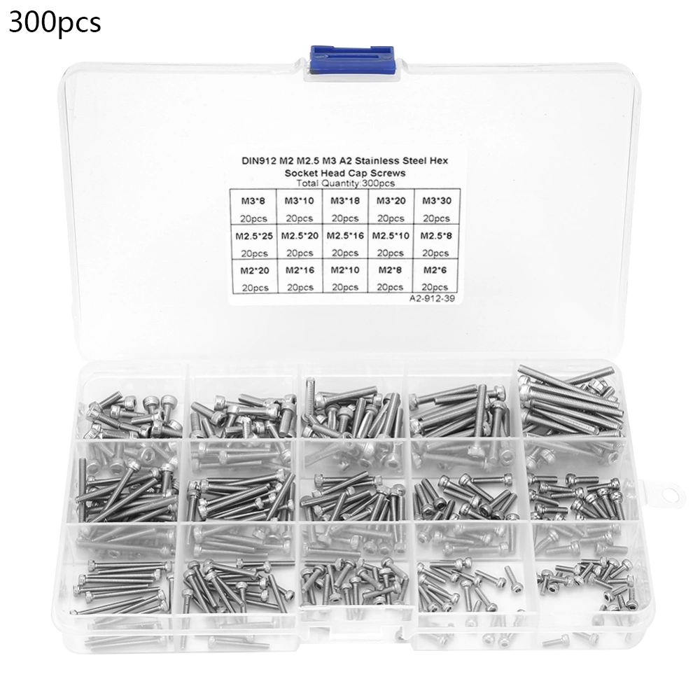 300pcs M2 M2.5 M3 Hex Socket Stainless Steel SS304 Cap Screw Bolt Assortment Set